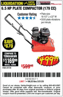 Harbor Freight Coupon 6.5 HP PLATE COMPACTOR (179 CC) Lot No. 66571/69738 Expired: 3/31/20 - $499.99