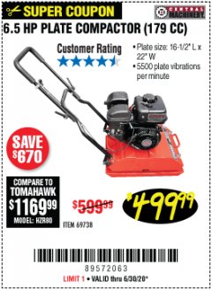 Harbor Freight Coupon 6.5 HP PLATE COMPACTOR (179 CC) Lot No. 66571/69738 Expired: 6/30/20 - $499.99