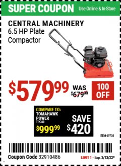 Harbor Freight Coupon 6.5 HP PLATE COMPACTOR (179 CC) Lot No. 66571/69738 Expired: 3/13/22 - $579.99
