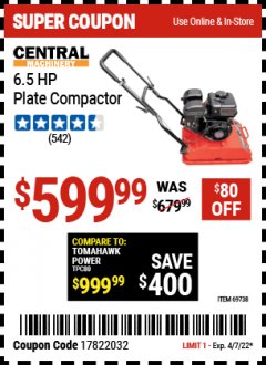 Harbor Freight Coupon 6.5 HP PLATE COMPACTOR (179 CC) Lot No. 66571/69738 Expired: 4/7/22 - $599.99
