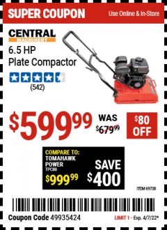 Harbor Freight Coupon 6.5 HP PLATE COMPACTOR (179 CC) Lot No. 66571/69738 Expired: 4/7/22 - $599.99