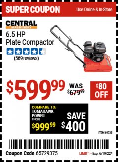 Harbor Freight Coupon 6.5 HP PLATE COMPACTOR (179 CC) Lot No. 66571/69738 Expired: 6/19/22 - $599.99