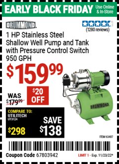 Harbor Freight Coupon 1 HP STAINLESS STEEL SHALLOW WELL PUMP AND TANK WITH PRESSURE CONTROL SWITCH Lot No. 63407 Expired: 11/23/22 - $159.99