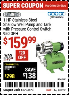 Harbor Freight Coupon 1 HP STAINLESS STEEL SHALLOW WELL PUMP AND TANK WITH PRESSURE CONTROL SWITCH Lot No. 63407 Expired: 7/16/23 - $159.99