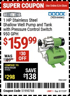 Harbor Freight Coupon 1 HP STAINLESS STEEL SHALLOW WELL PUMP AND TANK WITH PRESSURE CONTROL SWITCH Lot No. 63407 Expired: 9/17/23 - $159.99