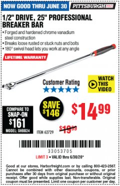 Harbor Freight Coupon 1/2" DRIVE 25" PROFESSIONAL BREAKER BAR Lot No. 62729 Expired: 6/30/20 - $14.99