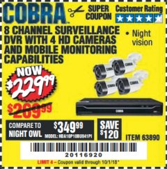 Harbor Freight Coupon 8 CHANNEL SURVEILLANCE DVR WITH 4 HD CAMERAS AND MOBILE MONITORING CAPABILITIES Lot No. 63890 Expired: 10/1/18 - $229.99
