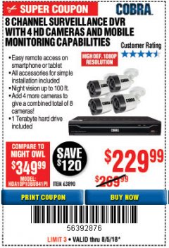 Harbor Freight Coupon 8 CHANNEL SURVEILLANCE DVR WITH 4 HD CAMERAS AND MOBILE MONITORING CAPABILITIES Lot No. 63890 Expired: 8/5/18 - $229.99