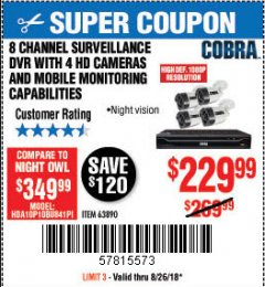 Harbor Freight Coupon 8 CHANNEL SURVEILLANCE DVR WITH 4 HD CAMERAS AND MOBILE MONITORING CAPABILITIES Lot No. 63890 Expired: 8/26/18 - $229.99