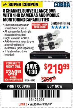 Harbor Freight Coupon 8 CHANNEL SURVEILLANCE DVR WITH 4 HD CAMERAS AND MOBILE MONITORING CAPABILITIES Lot No. 63890 Expired: 9/16/18 - $219.99
