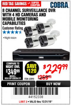 Harbor Freight Coupon 8 CHANNEL SURVEILLANCE DVR WITH 4 HD CAMERAS AND MOBILE MONITORING CAPABILITIES Lot No. 63890 Expired: 12/31/18 - $229.99