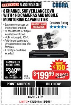 Harbor Freight Coupon 8 CHANNEL SURVEILLANCE DVR WITH 4 HD CAMERAS AND MOBILE MONITORING CAPABILITIES Lot No. 63890 Expired: 12/2/18 - $199.99