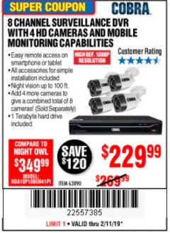 Harbor Freight Coupon 8 CHANNEL SURVEILLANCE DVR WITH 4 HD CAMERAS AND MOBILE MONITORING CAPABILITIES Lot No. 63890 Expired: 2/11/19 - $229.99