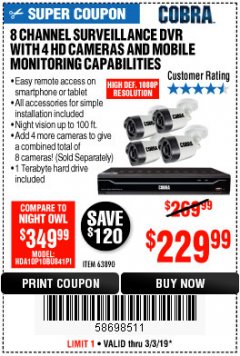 Harbor Freight Coupon 8 CHANNEL SURVEILLANCE DVR WITH 4 HD CAMERAS AND MOBILE MONITORING CAPABILITIES Lot No. 63890 Expired: 3/3/19 - $229.99