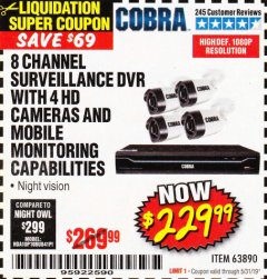 Harbor Freight Coupon 8 CHANNEL SURVEILLANCE DVR WITH 4 HD CAMERAS AND MOBILE MONITORING CAPABILITIES Lot No. 63890 Expired: 5/31/19 - $229.99