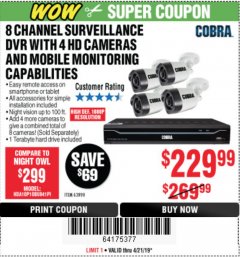 Harbor Freight Coupon 8 CHANNEL SURVEILLANCE DVR WITH 4 HD CAMERAS AND MOBILE MONITORING CAPABILITIES Lot No. 63890 Expired: 4/21/19 - $229.99