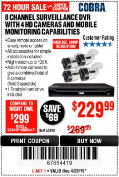 Harbor Freight Coupon 8 CHANNEL SURVEILLANCE DVR WITH 4 HD CAMERAS AND MOBILE MONITORING CAPABILITIES Lot No. 63890 Expired: 4/28/19 - $229.99
