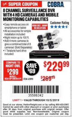 Harbor Freight Coupon 8 CHANNEL SURVEILLANCE DVR WITH 4 HD CAMERAS AND MOBILE MONITORING CAPABILITIES Lot No. 63890 Expired: 10/5/19 - $229.99
