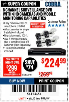 Harbor Freight Coupon 8 CHANNEL SURVEILLANCE DVR WITH 4 HD CAMERAS AND MOBILE MONITORING CAPABILITIES Lot No. 63890 Expired: 8/18/19 - $224.99