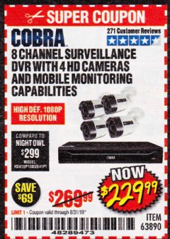 Harbor Freight Coupon 8 CHANNEL SURVEILLANCE DVR WITH 4 HD CAMERAS AND MOBILE MONITORING CAPABILITIES Lot No. 63890 Expired: 8/31/19 - $229.99