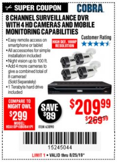 Harbor Freight Coupon 8 CHANNEL SURVEILLANCE DVR WITH 4 HD CAMERAS AND MOBILE MONITORING CAPABILITIES Lot No. 63890 Expired: 8/25/19 - $209.99