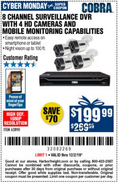 Harbor Freight Coupon 8 CHANNEL SURVEILLANCE DVR WITH 4 HD CAMERAS AND MOBILE MONITORING CAPABILITIES Lot No. 63890 Expired: 12/1/19 - $199.99