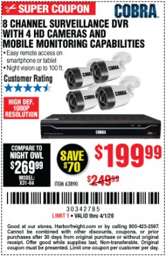 Harbor Freight Coupon 8 CHANNEL SURVEILLANCE DVR WITH 4 HD CAMERAS AND MOBILE MONITORING CAPABILITIES Lot No. 63890 Expired: 4/1/20 - $199.99