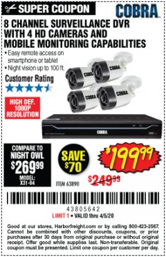 Harbor Freight Coupon 8 CHANNEL SURVEILLANCE DVR WITH 4 HD CAMERAS AND MOBILE MONITORING CAPABILITIES Lot No. 63890 Expired: 6/30/20 - $199.99