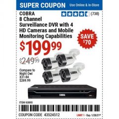 Harbor Freight Coupon 8 CHANNEL SURVEILLANCE DVR WITH 4 HD CAMERAS AND MOBILE MONITORING CAPABILITIES Lot No. 63890 Expired: 1/29/21 - $199.99
