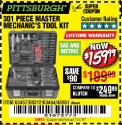 Harbor Freight Coupon 301 PIECE MASTER MECHANIC'S TOOL KIT Lot No. 63464/63457/45951 Expired: 10/8/18 - $159.99