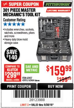 Harbor Freight Coupon 301 PIECE MASTER MECHANIC'S TOOL KIT Lot No. 63464/63457/45951 Expired: 9/30/18 - $159.99