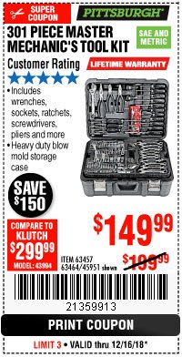 Harbor Freight Coupon 301 PIECE MASTER MECHANIC'S TOOL KIT Lot No. 63464/63457/45951 Expired: 12/16/18 - $149.99