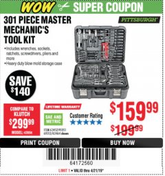 Harbor Freight Coupon 301 PIECE MASTER MECHANIC'S TOOL KIT Lot No. 63464/63457/45951 Expired: 4/21/19 - $159.99