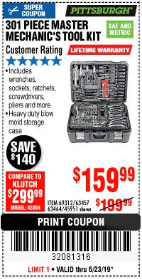 Harbor Freight Coupon 301 PIECE MASTER MECHANIC'S TOOL KIT Lot No. 63464/63457/45951 Expired: 6/23/19 - $159.99