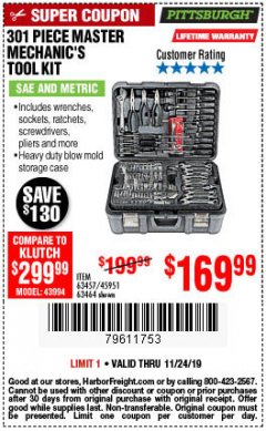 Harbor Freight Coupon 301 PIECE MASTER MECHANIC'S TOOL KIT Lot No. 63464/63457/45951 Expired: 11/24/19 - $169.99