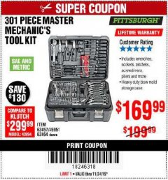 Harbor Freight Coupon 301 PIECE MASTER MECHANIC'S TOOL KIT Lot No. 63464/63457/45951 Expired: 11/24/19 - $169.99