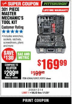 Harbor Freight Coupon 301 PIECE MASTER MECHANIC'S TOOL KIT Lot No. 63464/63457/45951 Expired: 1/1/20 - $169.99