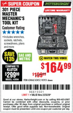 Harbor Freight Coupon 301 PIECE MASTER MECHANIC'S TOOL KIT Lot No. 63464/63457/45951 Expired: 2/23/20 - $164.99