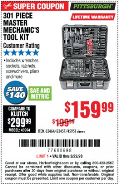 Harbor Freight Coupon 301 PIECE MASTER MECHANIC'S TOOL KIT Lot No. 63464/63457/45951 Expired: 3/22/20 - $159.99