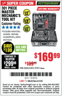 Harbor Freight Coupon 301 PIECE MASTER MECHANIC'S TOOL KIT Lot No. 63464/63457/45951 Expired: 6/30/20 - $169.99