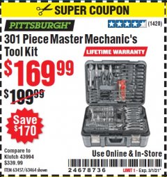 Harbor Freight Coupon 301 PIECE MASTER MECHANIC'S TOOL KIT Lot No. 63464/63457/45951 Expired: 2/25/21 - $169.99