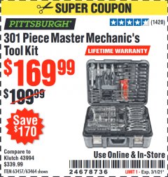 Harbor Freight Coupon 301 PIECE MASTER MECHANIC'S TOOL KIT Lot No. 63464/63457/45951 Expired: 3/1/21 - $169.99