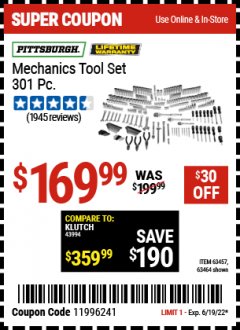 Harbor Freight Coupon 301 PIECE MASTER MECHANIC'S TOOL KIT Lot No. 63464/63457/45951 Expired: 6/19/22 - $169.99