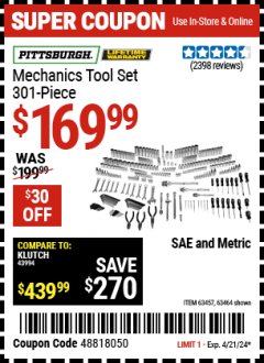 Harbor Freight Coupon 301 PIECE MASTER MECHANIC'S TOOL KIT Lot No. 63464/63457/45951 Expired: 4/21/24 - $169.99