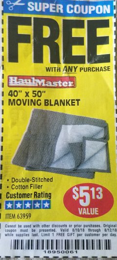 Harbor Freight FREE Coupon 40" X 50" MOVING BLANKET Lot No. 63959 Expired: 8/12/18 - FWP
