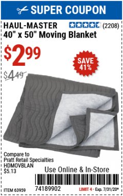 Harbor Freight Coupon 40" X 50" MOVING BLANKET Lot No. 63959 Expired: 7/15/20 - $2.99