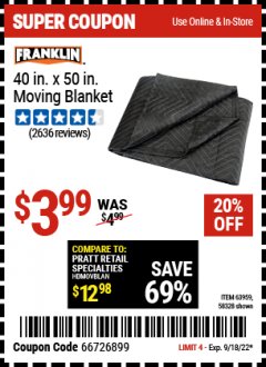 Harbor Freight Coupon 40" X 50" MOVING BLANKET Lot No. 63959 Expired: 1/18/22 - $3.99