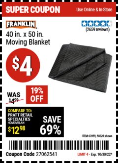 Harbor Freight Coupon 40" X 50" MOVING BLANKET Lot No. 63959 Expired: 10/30/22 - $4