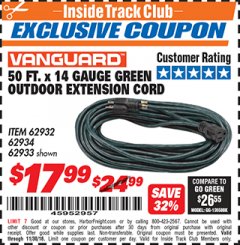 Harbor Freight ITC Coupon VANGUARD 50 FT. X 14 GAUGE OUTDOOR EXTENSION CORD Lot No. 60268 / 62932 / 62934 / 62933 Expired: 11/30/18 - $17.99