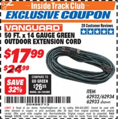 Harbor Freight ITC Coupon VANGUARD 50 FT. X 14 GAUGE OUTDOOR EXTENSION CORD Lot No. 60268 / 62932 / 62934 / 62933 Expired: 1/31/19 - $17.99